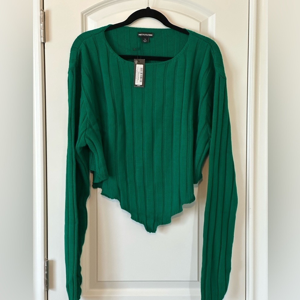 PrettyLittleThing Green Ribbed Long Sleeve Hem Crop, size XXL